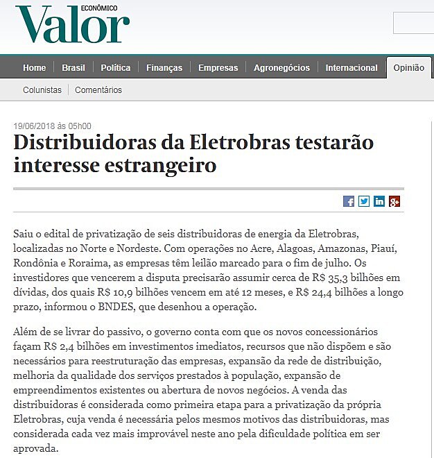 Distribuidoras da Eletrobras testaro interesse estrangeiro